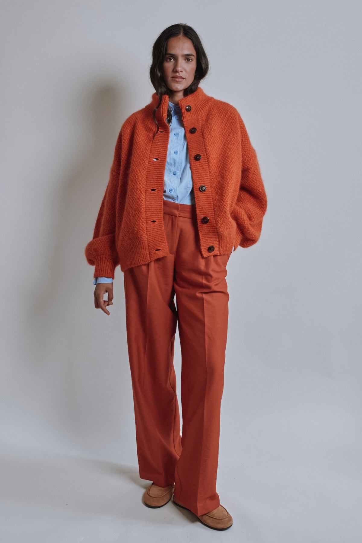 Veste à col montant GEORGE en laine mérinos et mohair - Orange brûlé