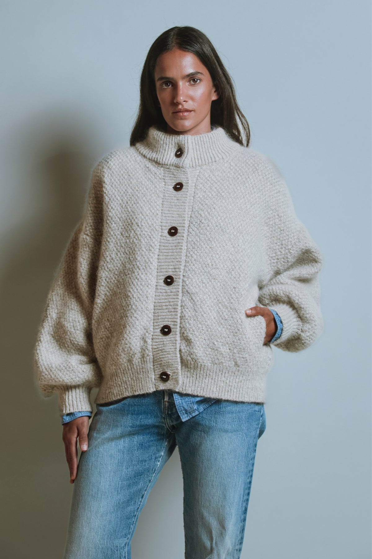 Veste à col montant GEORGE en laine et mohair « la laine de mérinos », beige – modèle 1