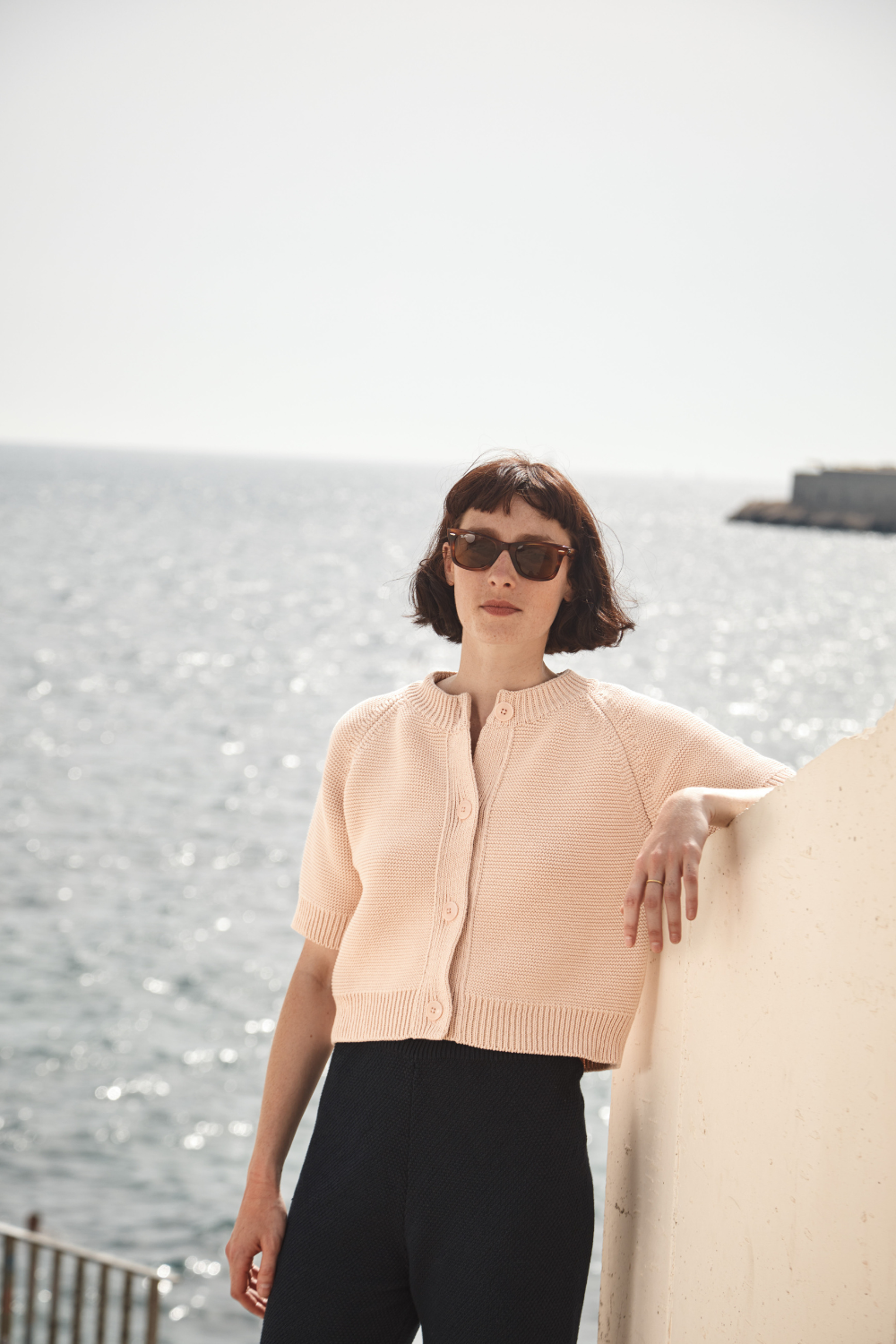 CLARISSE Short-Sleeve Cardigan in Organic Cotton - Powder Pink