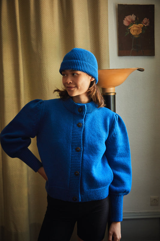 Francoise Cardigan- 100% Cruelty Free Merino Wool klein blue Spanish Merino Wool sweater - L'Envers