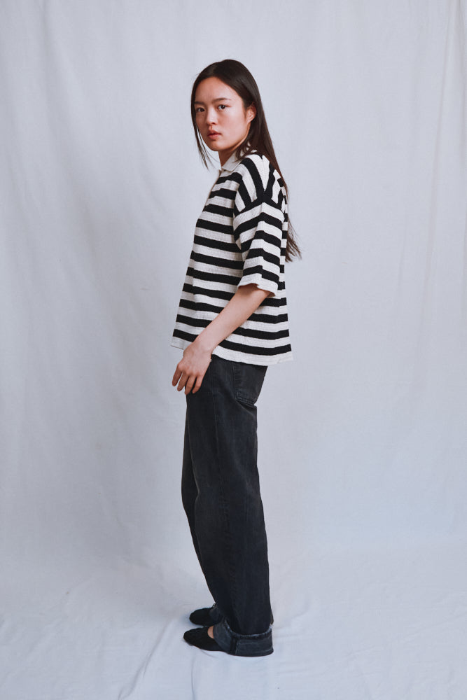 Item #484 - LILI Oversize Polo Shirt in Organic Cotton - Navy and Off-White Stripes