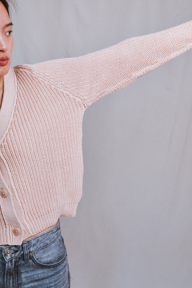 Référence n° 507 - Cardigan ANNA à col en V en coton biologique - Rose poudré