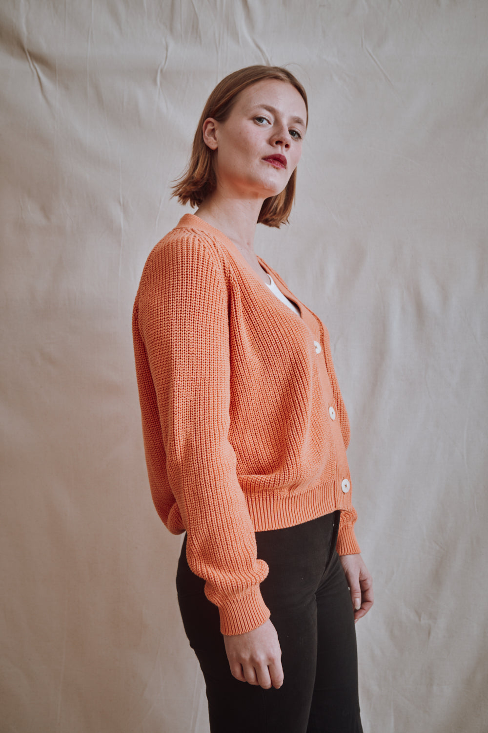Item #326 - ANNA V-Neck Cardigan in Organic Cotton - Melon