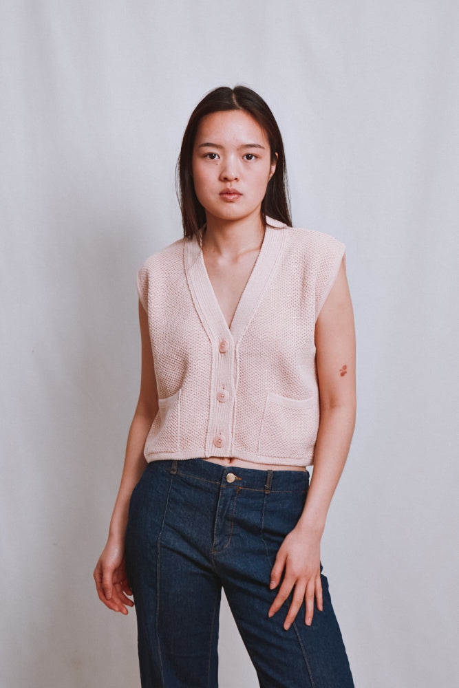 Item #536 - ELEONORE Sleeveless V-Neck Cardigan in Organic Cotton - Powder Pink