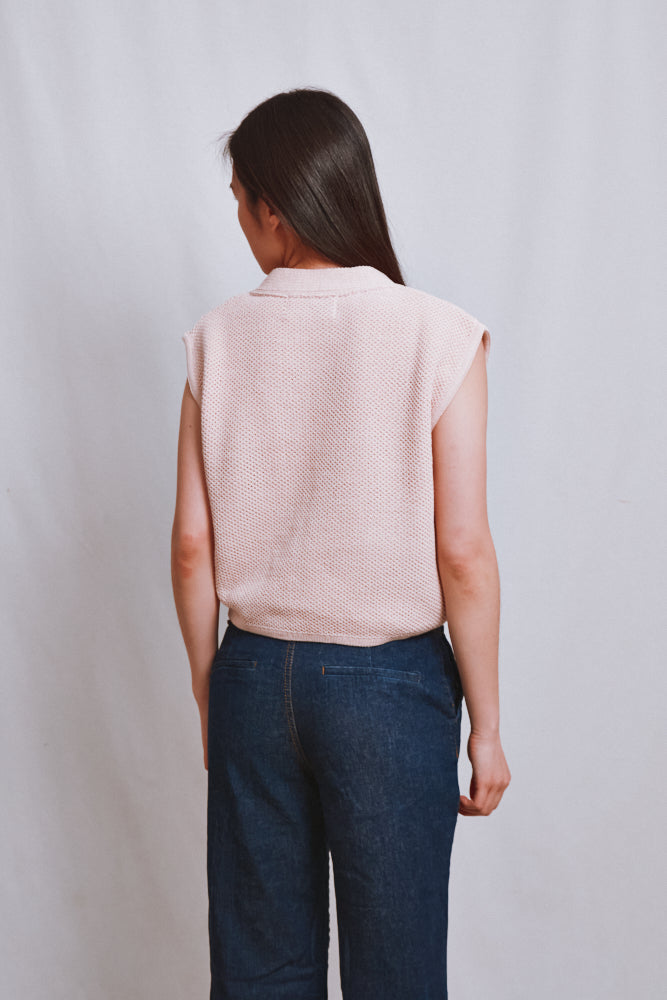 Item #536 - ELEONORE Sleeveless V-Neck Cardigan in Organic Cotton - Powder Pink