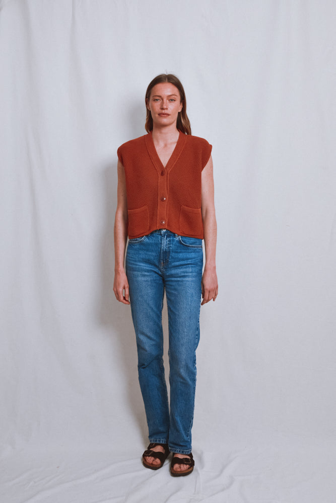 Item #537 - ELEONORE Sleeveless V-Neck Cardigan in Organic Cotton - Earth Red