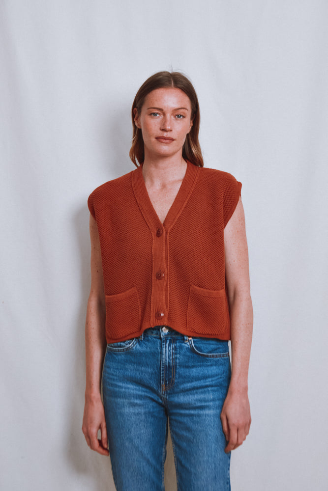 Item #539 - ELEONORE Sleeveless V-Neck Cardigan in Organic Cotton - Earth Red