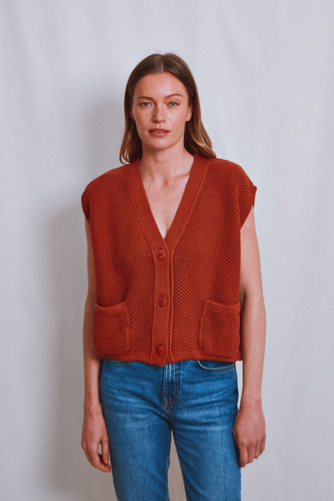 Item #539 - ELEONORE Sleeveless V-Neck Cardigan in Organic Cotton - Earth Red