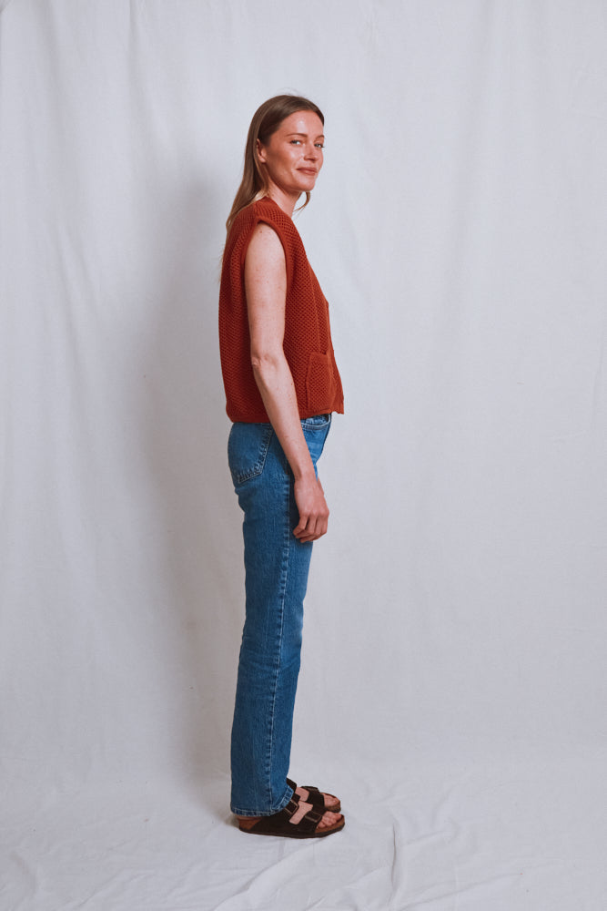 Item #539 - ELEONORE Sleeveless V-Neck Cardigan in Organic Cotton - Earth Red