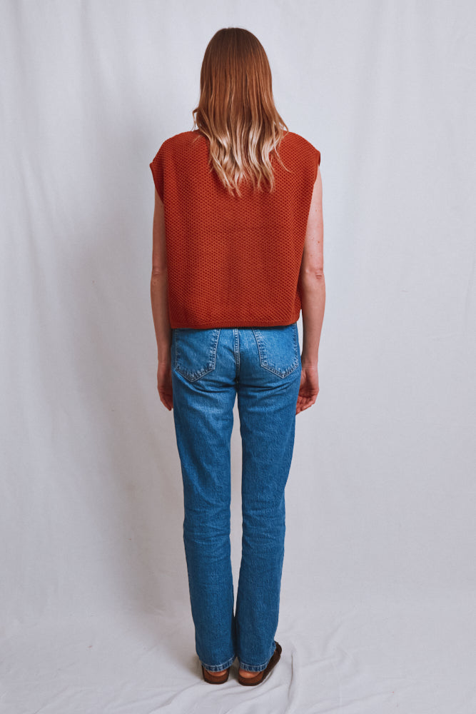 Item #539 - ELEONORE Sleeveless V-Neck Cardigan in Organic Cotton - Earth Red
