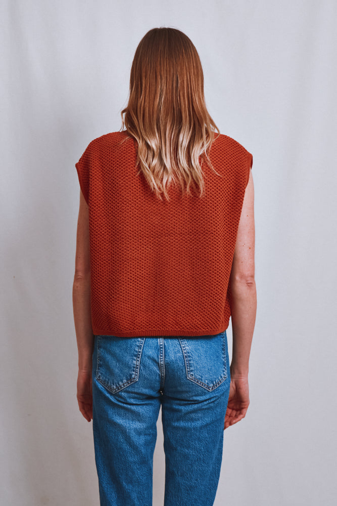 Item #539 - ELEONORE Sleeveless V-Neck Cardigan in Organic Cotton - Earth Red