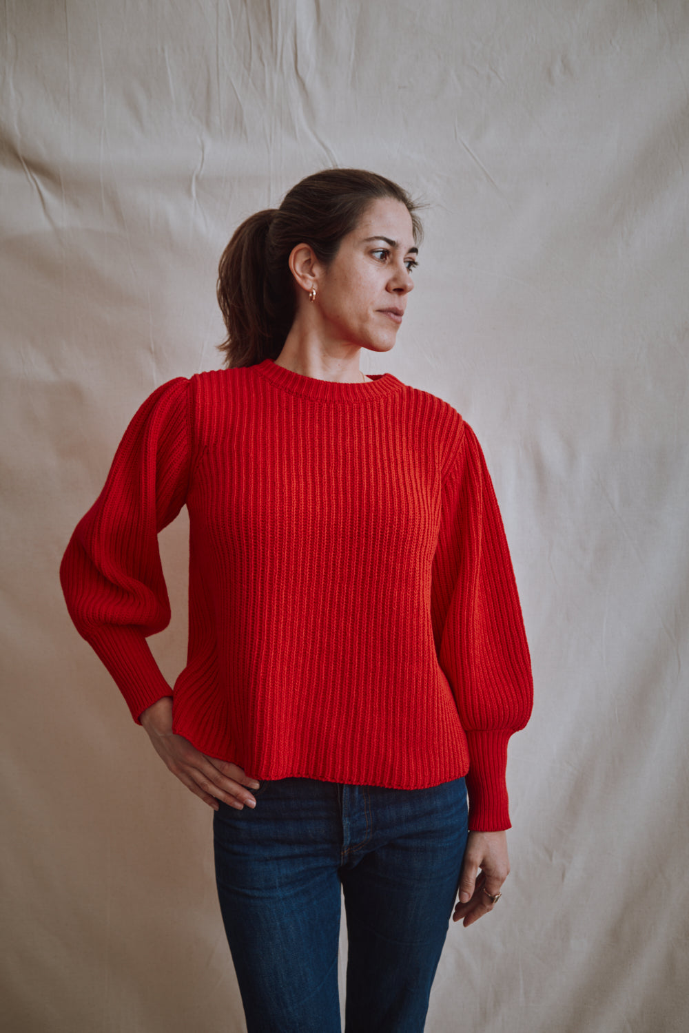 Item #359 - RAPHAELLE Puff-Sleeve Sweater in Cotton - Red