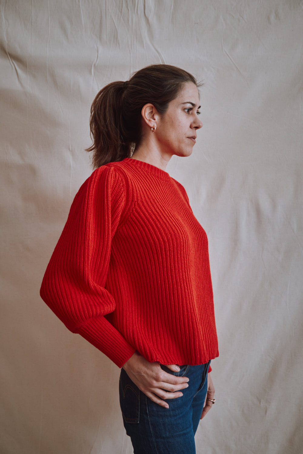 Item #360 - RAPHAELLE Puff-Sleeve Sweater in Cotton - Red