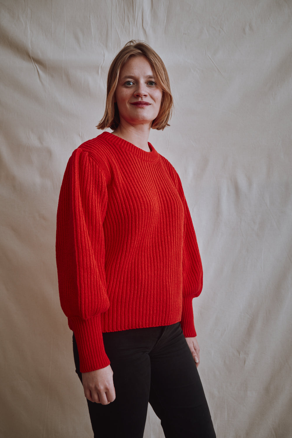 Item #361 - RAPHAELLE Puff-Sleeve Sweater in Cotton - Red