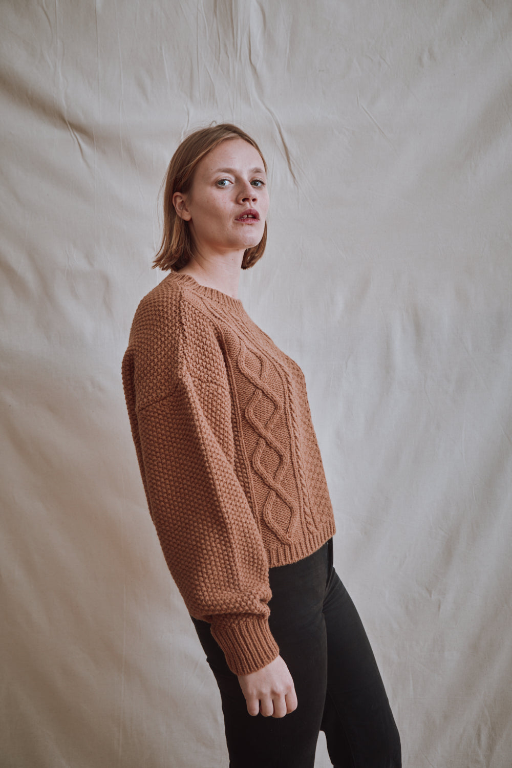 Item #373 - PAOLA Irish Cable Sweater in Merino Wool - Camel