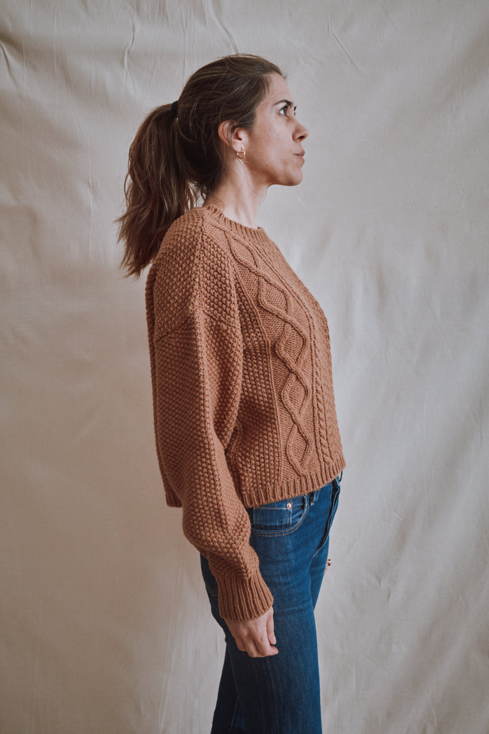 Item #374 - PAOLA Irish Cable Sweater in Merino Wool - Camel