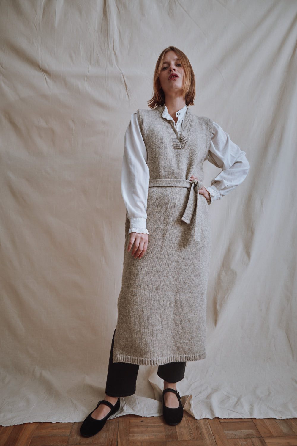 Item #390 - ALICIA V-Neck Dress in Merino Wool - Beige