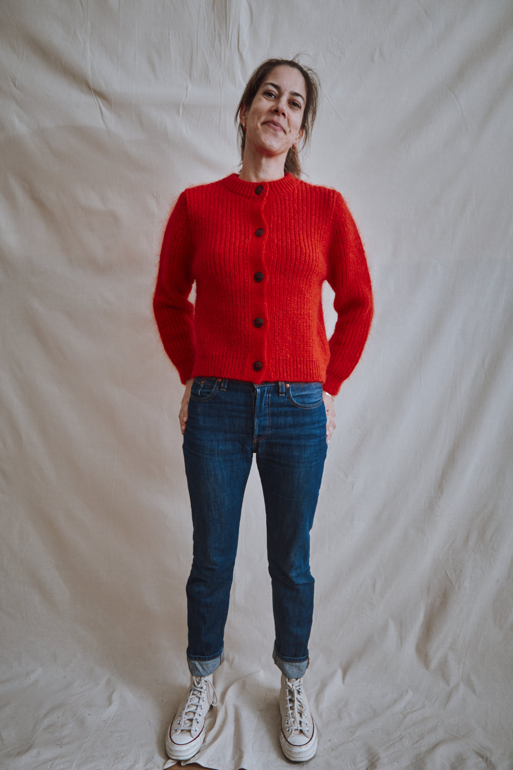 Article 462 - Cardigan à col rond CHARLOTTE en laine mérinos-mohair - rouge
