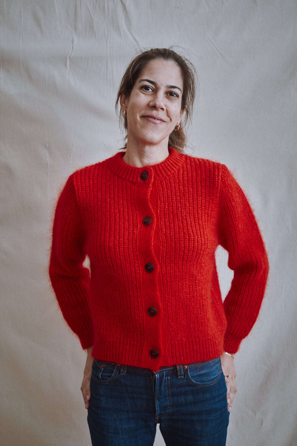 Article 462 - Cardigan à col rond CHARLOTTE en laine mérinos-mohair - rouge