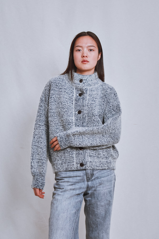 Référence n° 667 - Cardigan à col montant GEORGE en laine mérinos et mohair - Bleu chiné