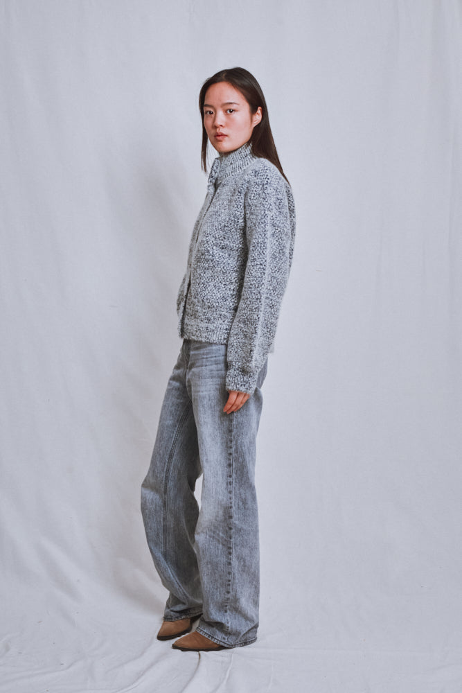 Référence n° 667 - Cardigan à col montant GEORGE en laine mérinos et mohair - Bleu chiné