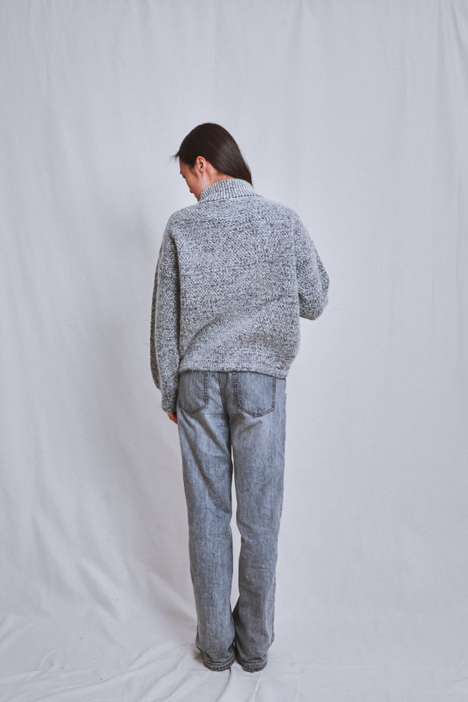 Référence n° 667 - Cardigan à col montant GEORGE en laine mérinos et mohair - Bleu chiné