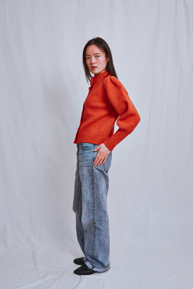 Item #689 - ANAIS Puff Sleeve Cardigan in Merino Wool - Coral
