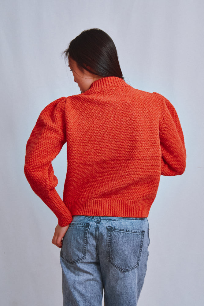 Item #689 - ANAIS Puff Sleeve Cardigan in Merino Wool - Coral