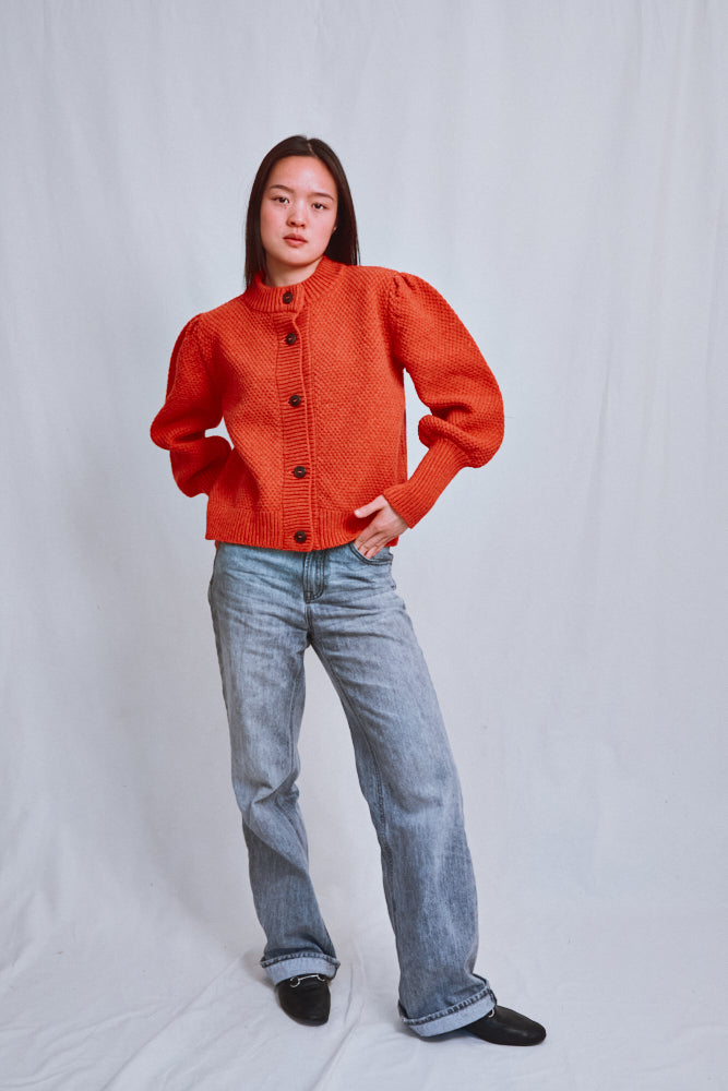 Item #690 - ANAIS Puff Sleeve Cardigan in Merino Wool - Coral