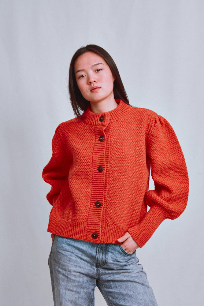 Item #690 - ANAIS Puff Sleeve Cardigan in Merino Wool - Coral
