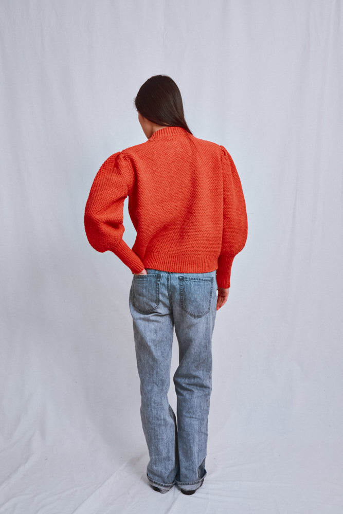 Item #690 - ANAIS Puff Sleeve Cardigan in Merino Wool - Coral