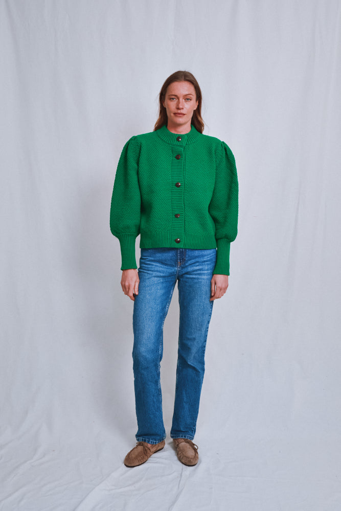 Item #688 - ANAIS Puff Sleeve Cardigan in Merino Wool - Parrot Green