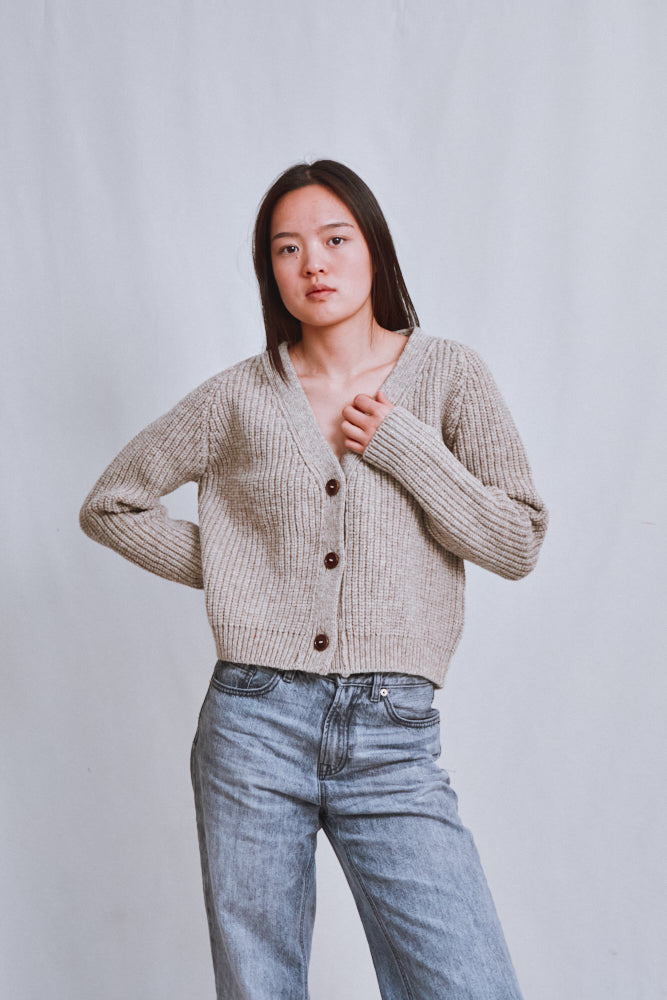 Item #618 - ANNA V-Neck Cardigan in Merino Wool - Beige