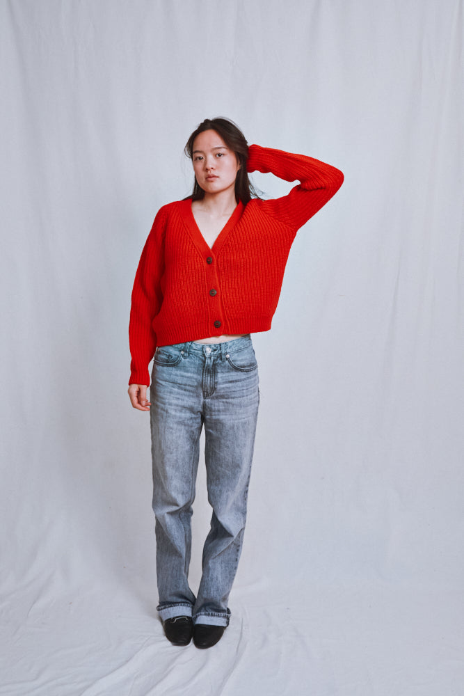Item #646 - ANNA V-Neck Cardigan in Merino Wool - Red