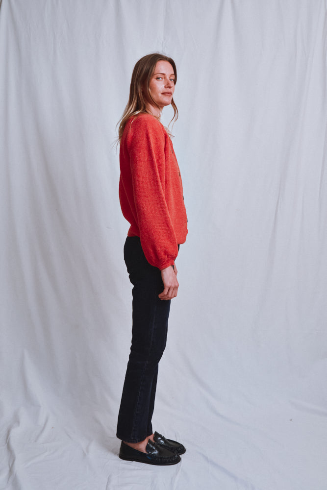 Item #627 - GABY Balloon-Sleeve Cardigan in Merino Wool - Coral