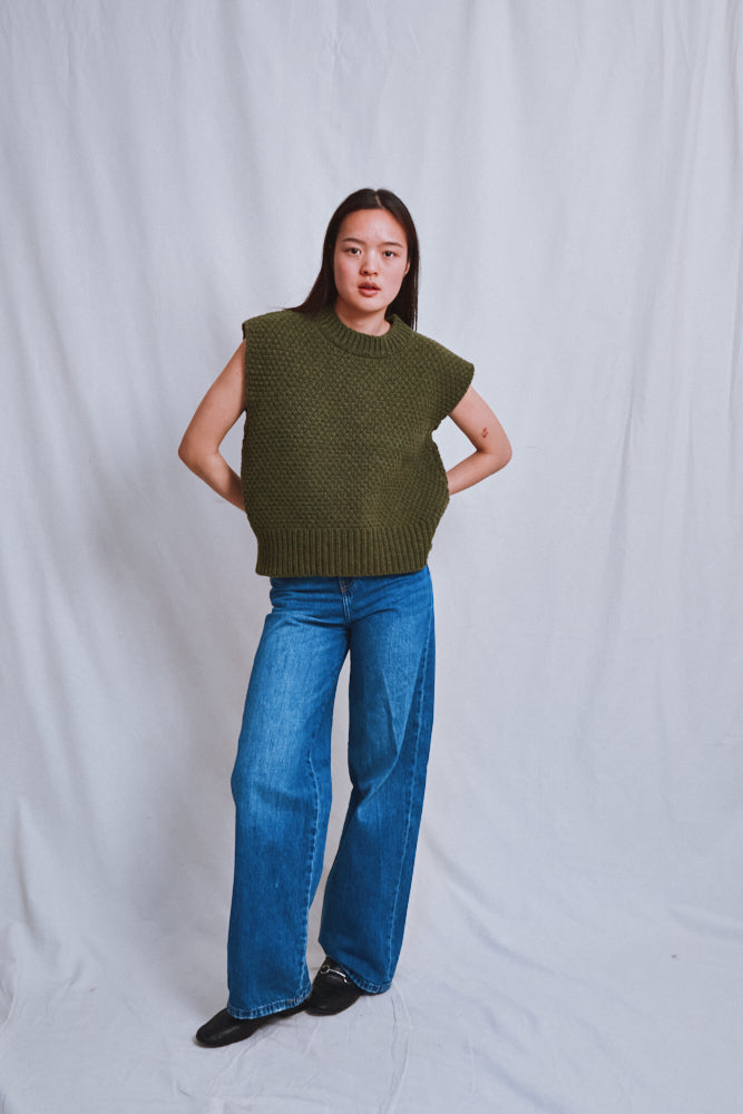 Item #603 - MAIA Sleeveless Sweater in Merino Wool - Olive green