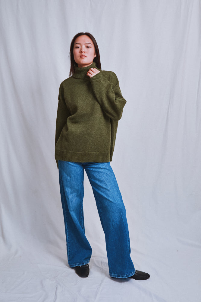 Item #587 - MICHELLE Lightweight Turtleneck Sweater in Merino Wool - Olive Green