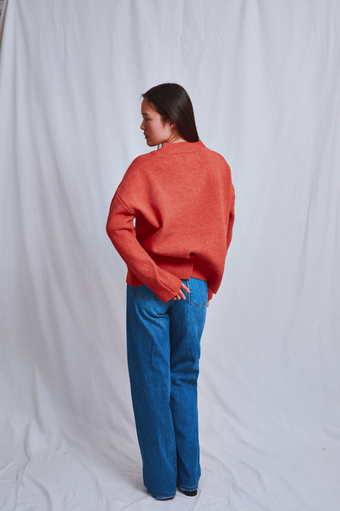 Item #594 - LEONTINE V-Neck Sweater in Merino Wool - Coral