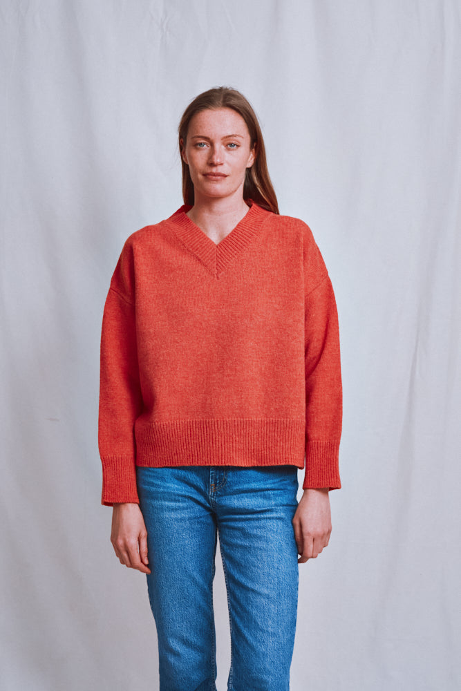 Item #611 - LEONTINE V-Neck Sweater in Merino Wool - Coral