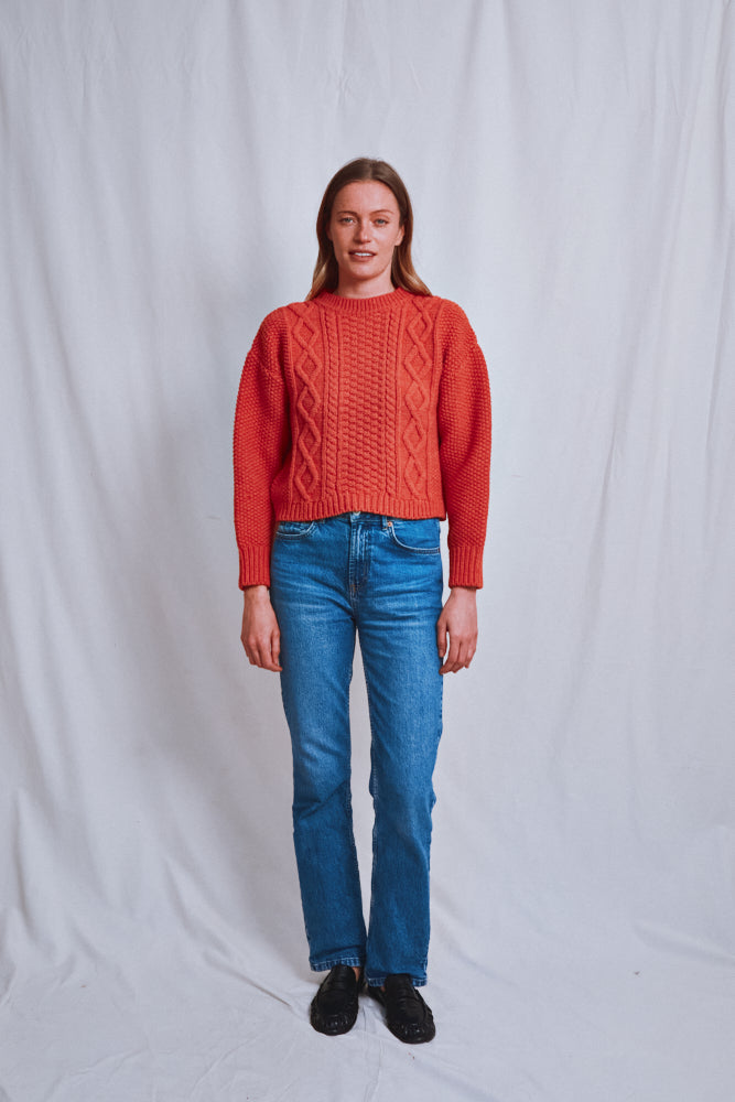 Item #610 - PAOLA Irish Cable Sweater in Merino Wool - Coral