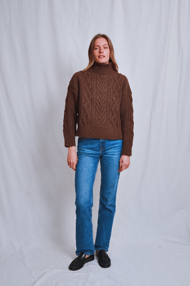 Item #608 - GWENAELLE Irish Cable Sweater in Merino Wool - Chocolate