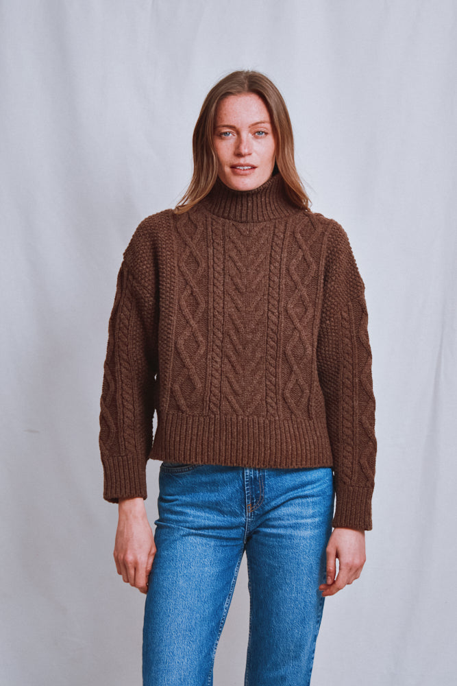 Item #608 - GWENAELLE Irish Cable Sweater in Merino Wool - Chocolate