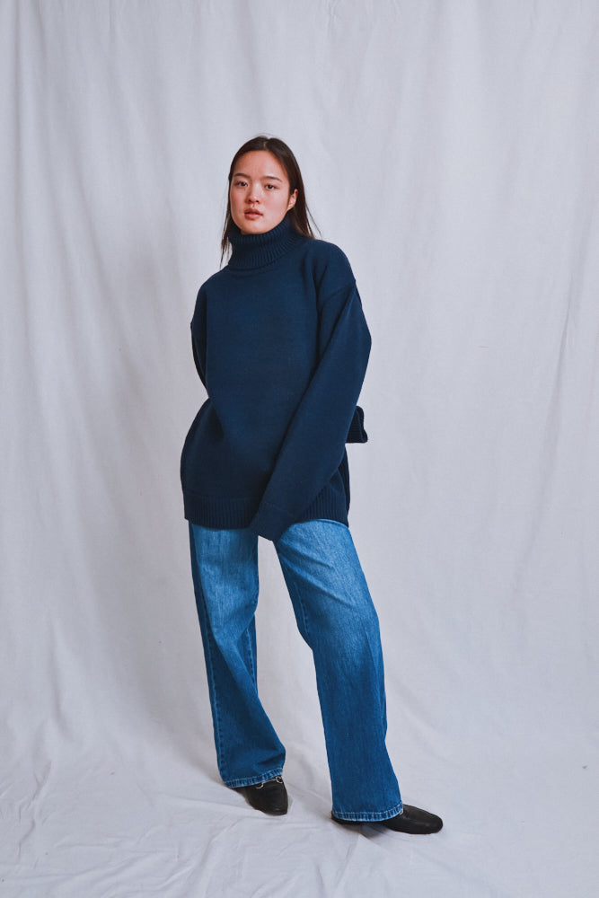 Item #574 - JACQUES Men Turtleneck Sweater in Merino Wool - Navy blue