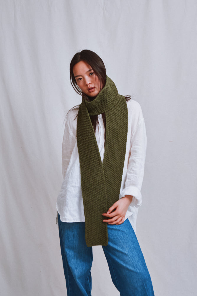 Item #719 - ROSALIE Thin Scarf in Merino Wool - Olive Green