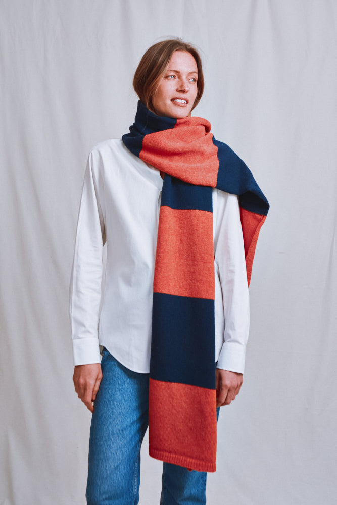 Item #722 - SOLANGE Mega Scarf in Merino Wool - Navy-Coral