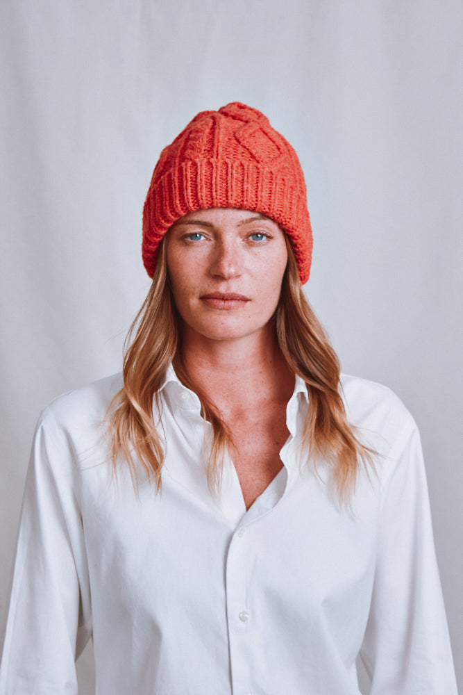 Item #736 - CAPUCINE Unisex Cable Knit Beanie in Merino Wool - Coral