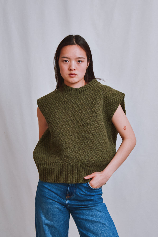 Item #602 - MAIA Sleeveless Sweater in Merino Wool - Olive green