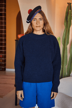 AGNES Crew Neck Sweater - 100% Cruelty Free Merino Wool in Navy Blue - Spanish Merino Wool Cardigan - L'Envers