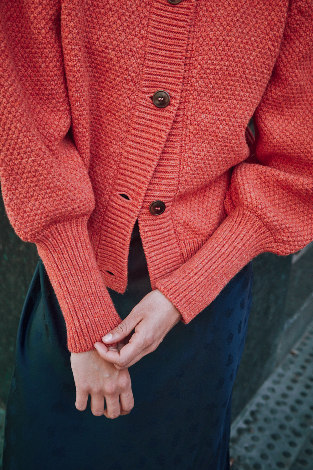 ANAIS Puff Sleeve Cardigan in Merino Wool - Coral (Delivered by Xmas)