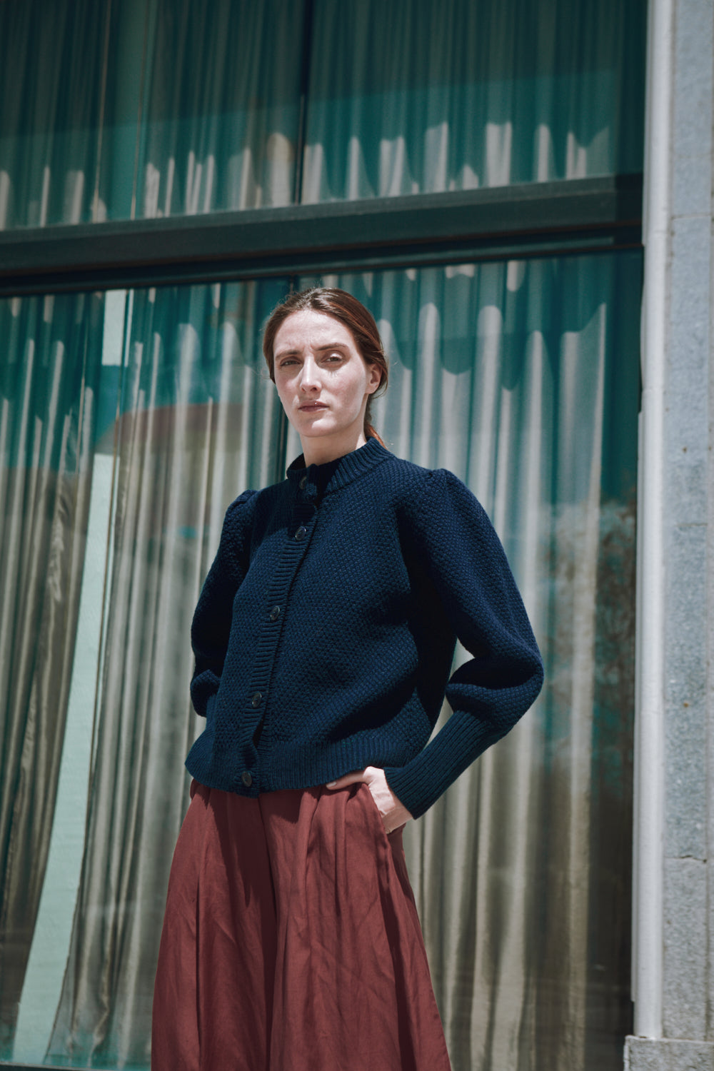 ANAIS Puff-Sleeve Cardigan in Merino Wool - Navy Blue